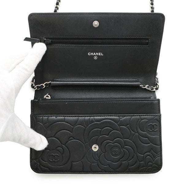 シャネル チェーンウォレット カメリア ココマーク ラムスキン A47421 CHANEL 財布 黒