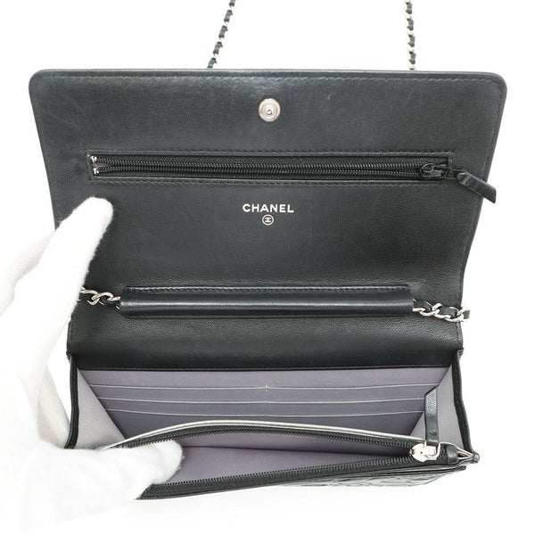 シャネル チェーンウォレット カメリア ココマーク ラムスキン A47421 CHANEL 財布 黒