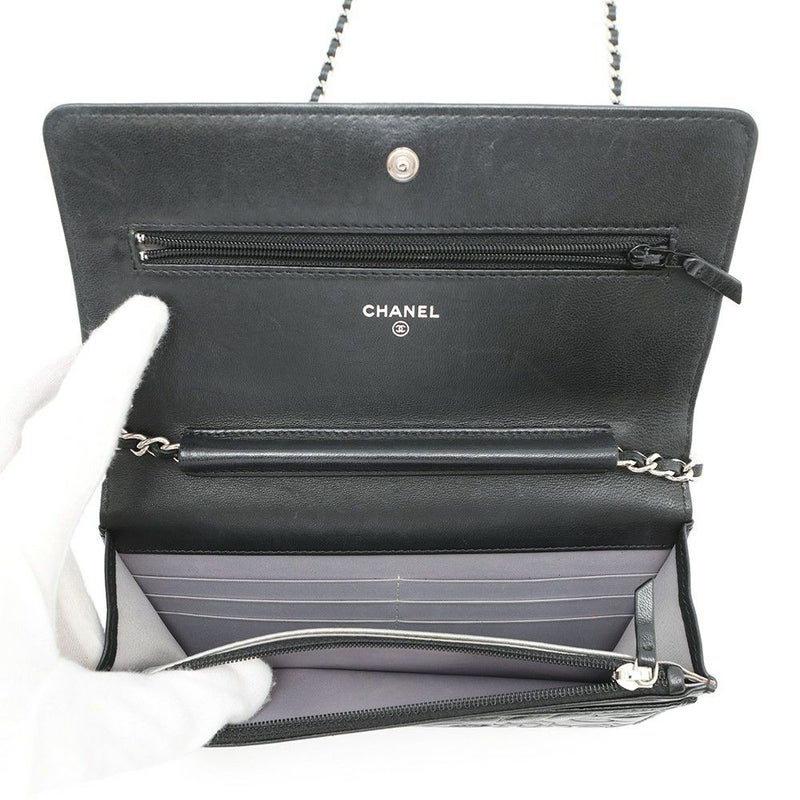 シャネル チェーンウォレット カメリア ココマーク ラムスキン A47421 CHANEL 財布 黒