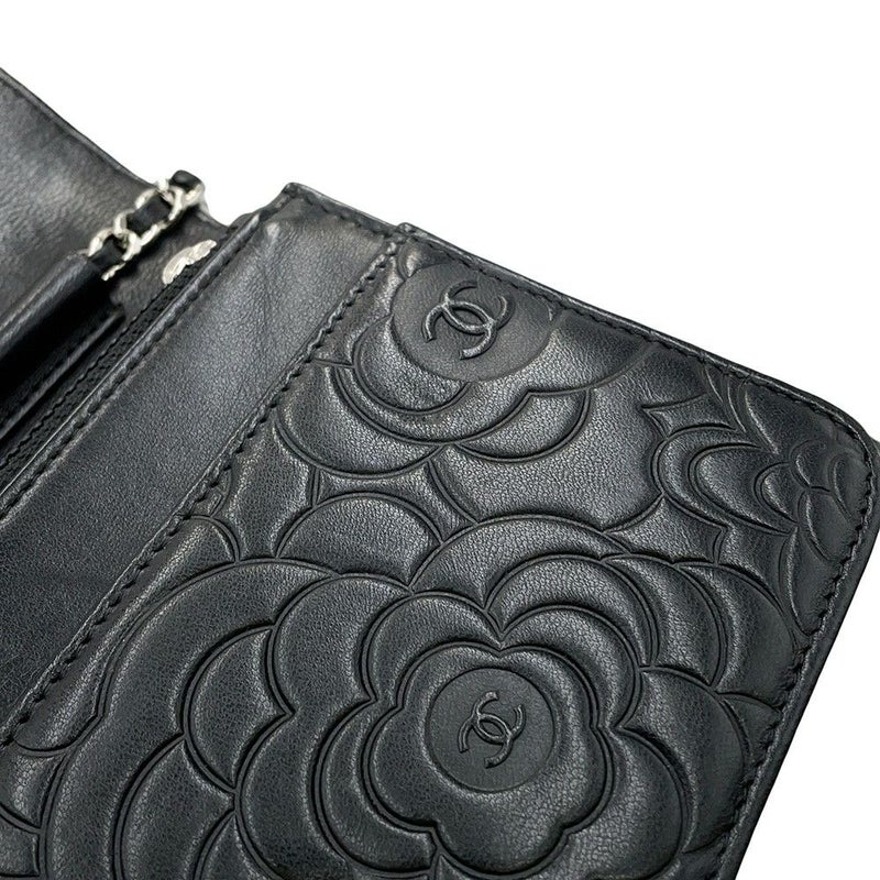 シャネル チェーンウォレット カメリア ココマーク ラムスキン A47421 CHANEL 財布 黒