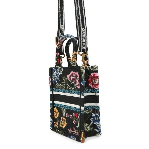 クリスチャン・ディオール ハンドバッグ ブックトートミニ フラワー バーティカル キャンバス Christian Dior 2wayショルダー 黒