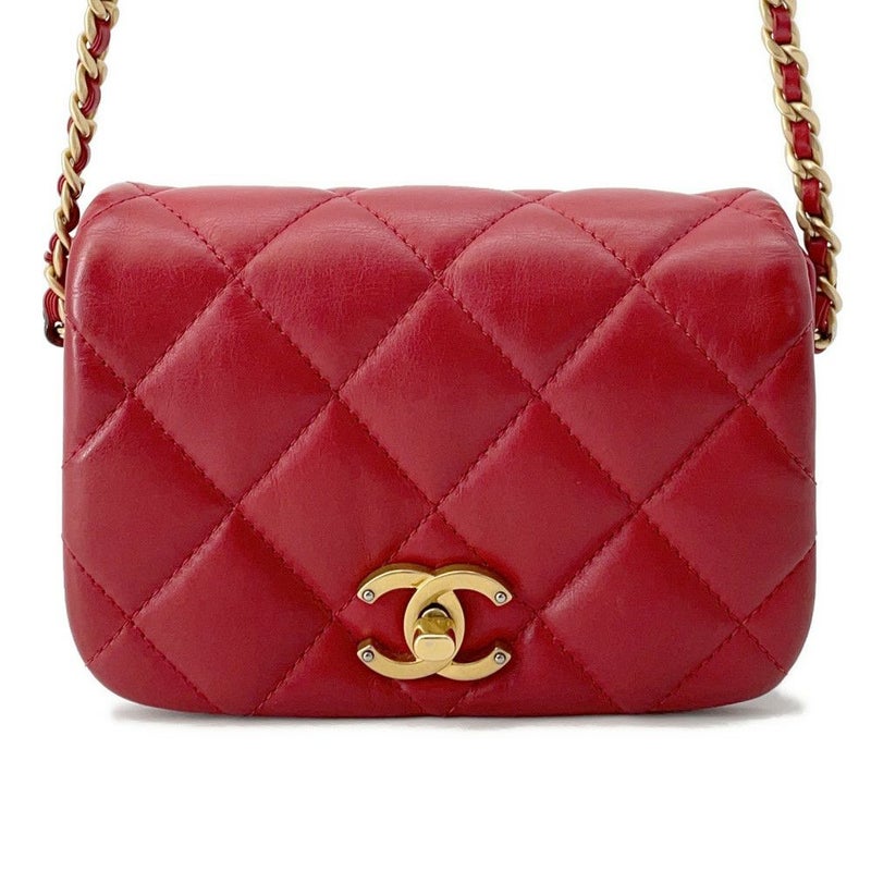 シャネル チェーンショルダーバッグ マトラッセ ココマーク ラムスキン CHANEL バッグ 赤