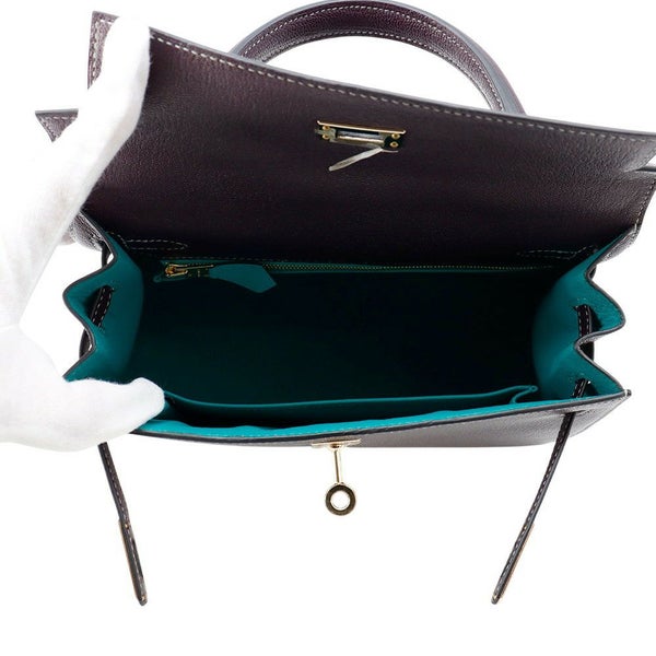 エルメス ハンドバッグ ケリー25 外縫い レザン/ブルーパオン/シャンパンゴールド金具 シェーブルコロマンデル D刻印 SPO