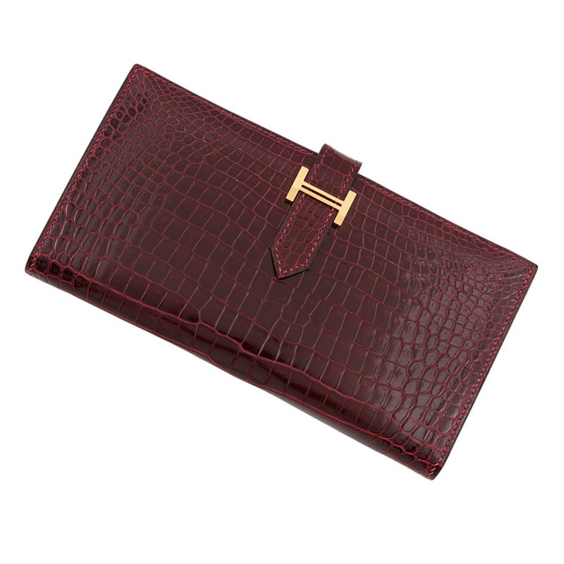 エルメス 長財布 ベアンクラシック マチなし ボルドー/ゴールド金具 ポロサス □F刻印 HERMES