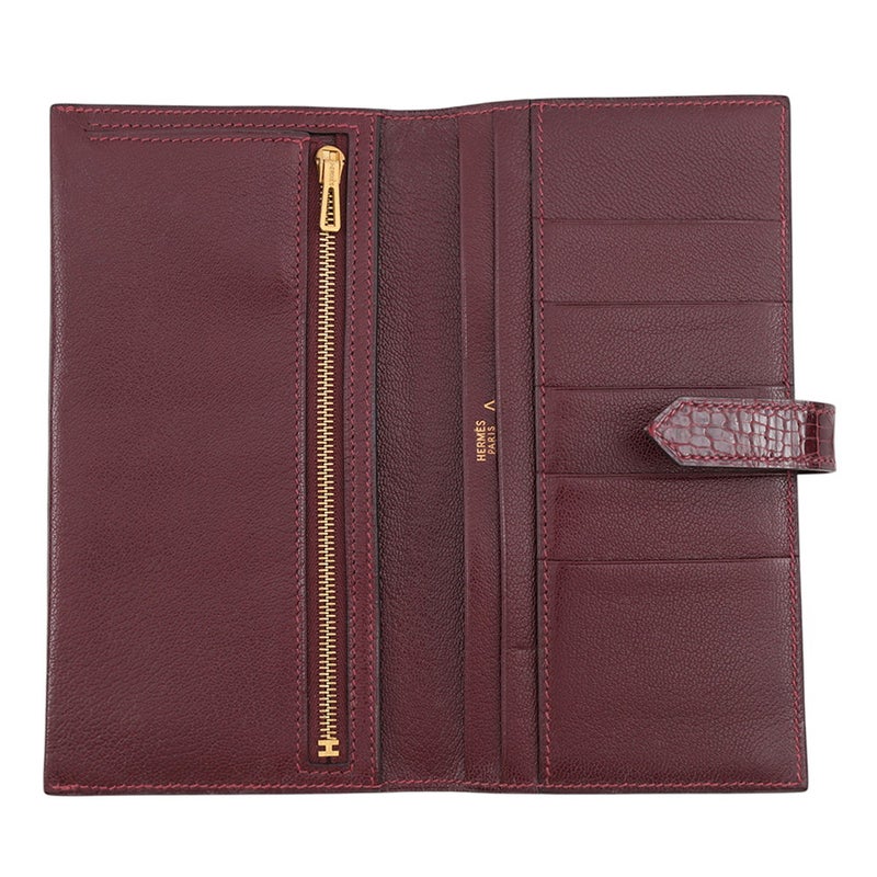 エルメス 長財布 ベアンクラシック マチなし ボルドー/ゴールド金具 ポロサス □F刻印 HERMES