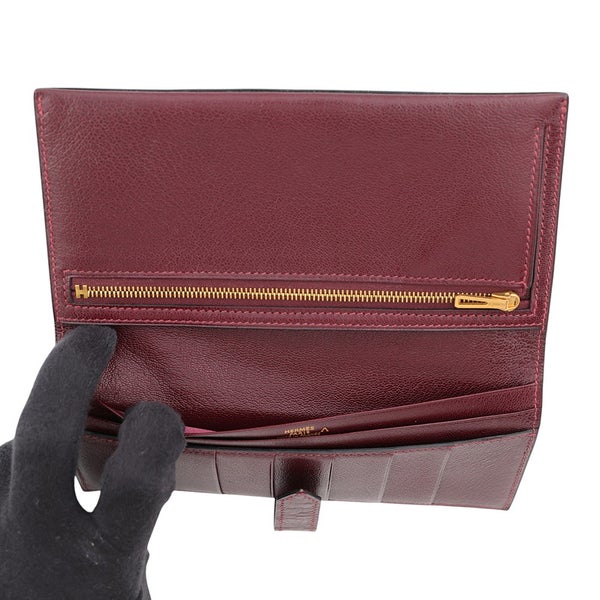 エルメス 長財布 ベアンクラシック マチなし ボルドー/ゴールド金具 ポロサス □F刻印 HERMES