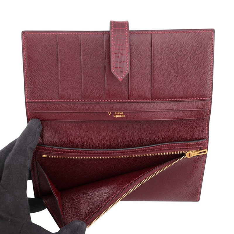 エルメス 長財布 ベアンクラシック マチなし ボルドー/ゴールド金具 ポロサス □F刻印 HERMES