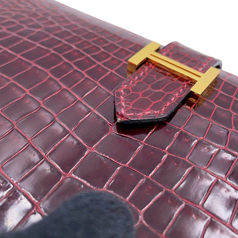エルメス 長財布 ベアンクラシック マチなし ボルドー/ゴールド金具 ポロサス □F刻印 HERMES