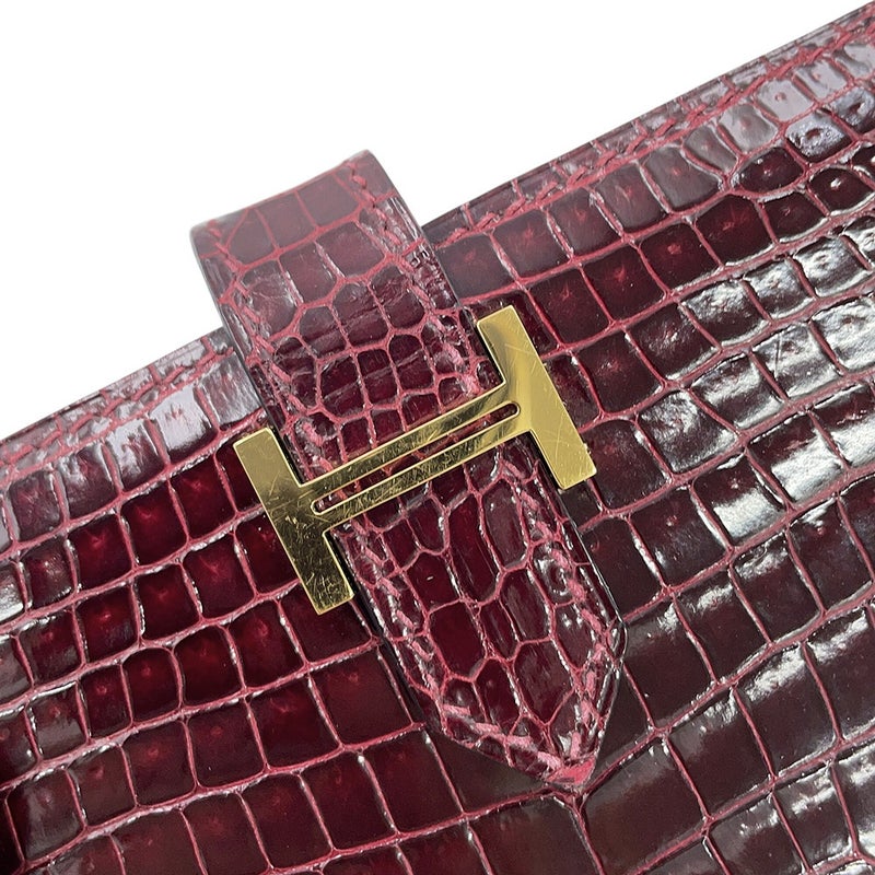 エルメス 長財布 ベアンクラシック マチなし ボルドー/ゴールド金具 ポロサス □F刻印 HERMES