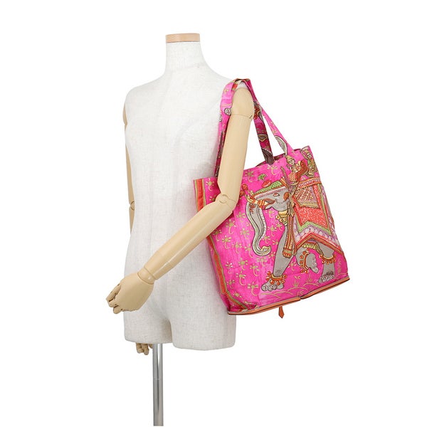 エルメス エコバッグ シルキーポップ オレンジ/マルチカラー/シルバー金具 ブッフルスキッパー/シルク □L刻印 HERMES 折りたたみ式