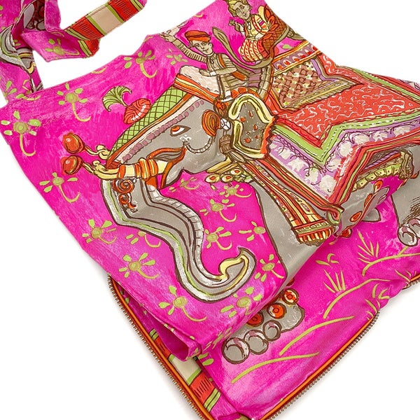 エルメス エコバッグ シルキーポップ オレンジ/マルチカラー/シルバー金具 ブッフルスキッパー/シルク □L刻印 HERMES 折りたたみ式