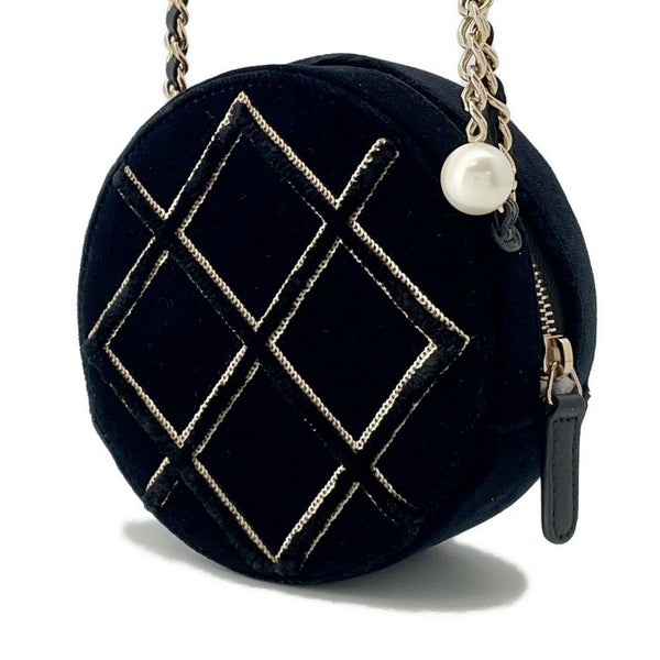シャネル チェーンショルダーバッグ マトラッセ ココマーク ラウンド フェイクパール ベロア CHANEL 黒