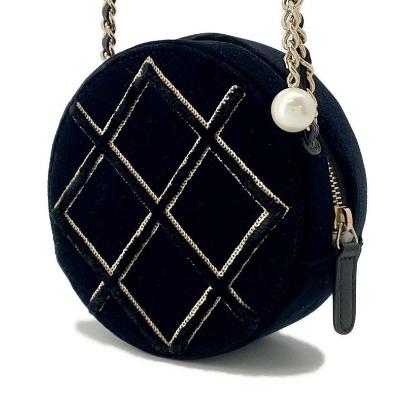 シャネル チェーンショルダーバッグ マトラッセ ココマーク ラウンド フェイクパール ベロア CHANEL 黒