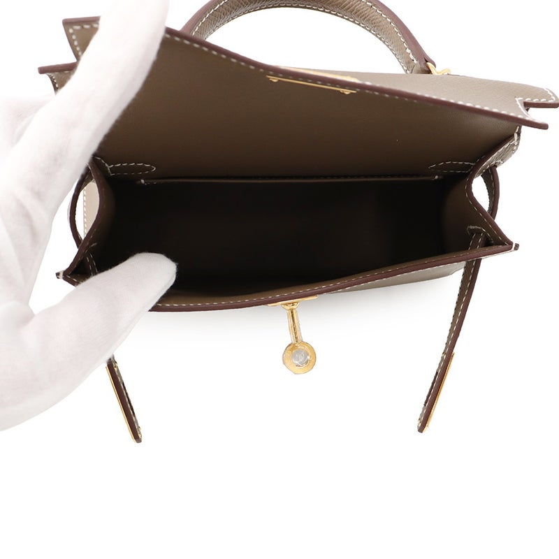エルメス ハンドバッグ ミニケリー 外縫い エトゥープ/ゴールド金具 エプソン G刻印 HERMES Kelly 2wayバッグ