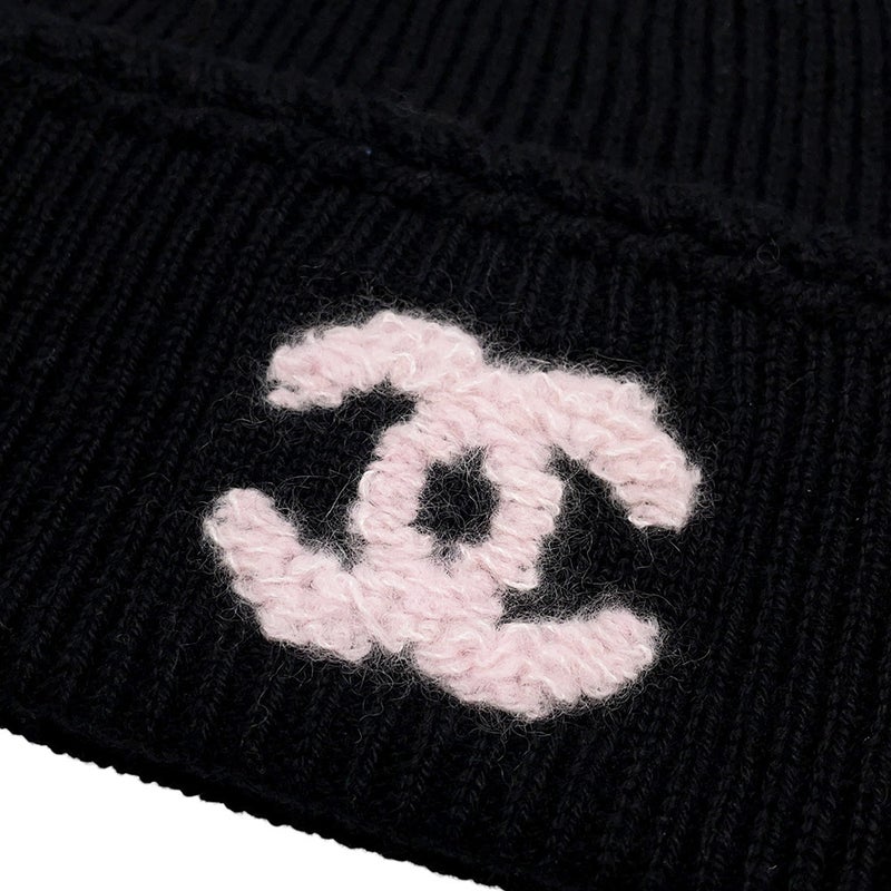 シャネル ニット帽 ココマーク カシミヤ シルク CHANEL 帽子 黒