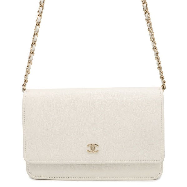 シャネル チェーンウォレット カメリア エンボス ココマーク キャビアスキン A47421 CHANEL 財布 白