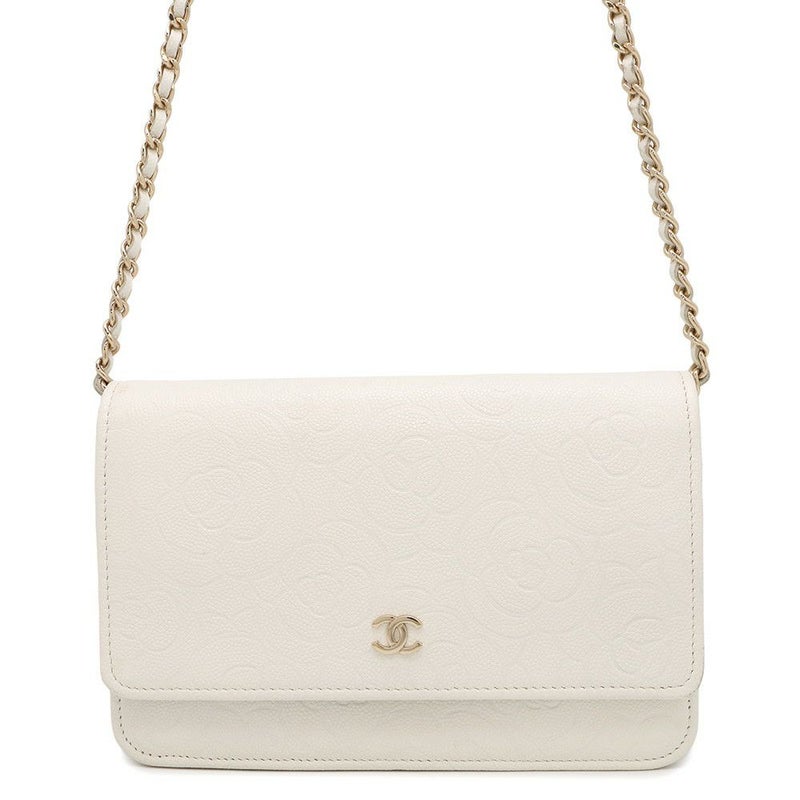 シャネル チェーンウォレット カメリア エンボス ココマーク キャビアスキン A47421 CHANEL 財布 白
