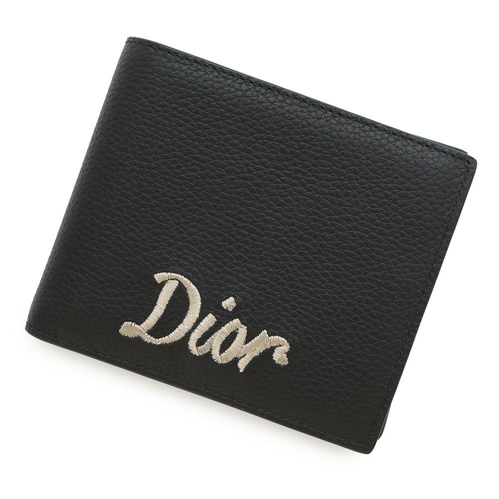 【新品未使用】ChristianDior ブラックレザー 二つ折り財布 クリスチャン・ディオール 二つ折り財布 刺繍ロゴ レザー Christian