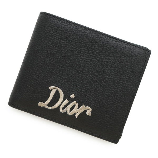 クリスチャン・ディオール 二つ折り財布 刺繍ロゴ レザー Christian Dior 黒 セール品