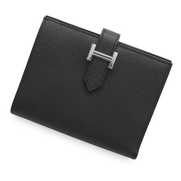 エルメス 二つ折り財布 ベアンコンパクト ブラック/シルバー金具 ヴォーマダム K刻印 黒
