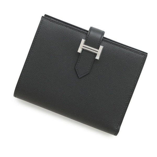 エルメス 二つ折り財布 ベアンコンパクト ブラック/シルバー金具 ヴォーマダム W刻印 黒