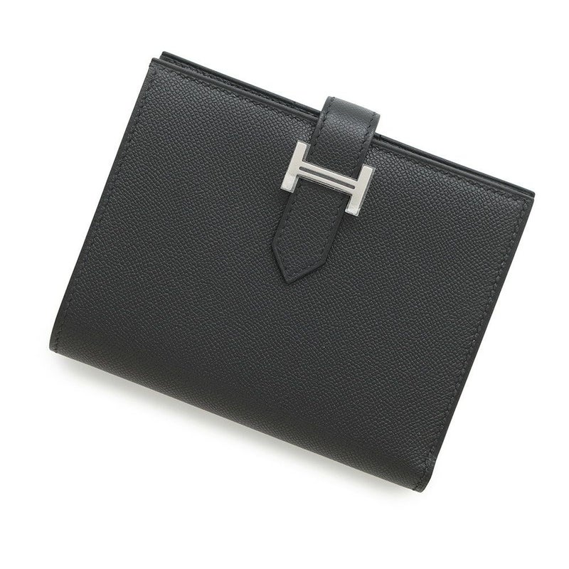 エルメス 二つ折り財布 ベアンコンパクト ブラック/シルバー金具 ヴォーマダム W刻印 黒