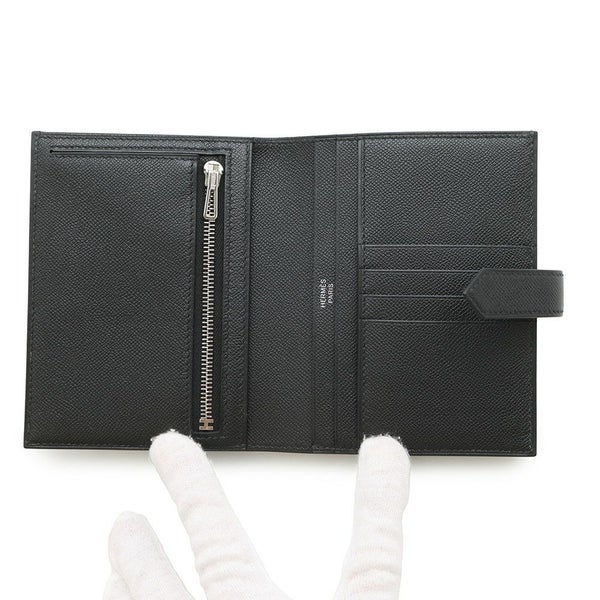エルメス 二つ折り財布 ベアンコンパクト ブラック/シルバー金具 ヴォーマダム W刻印 黒