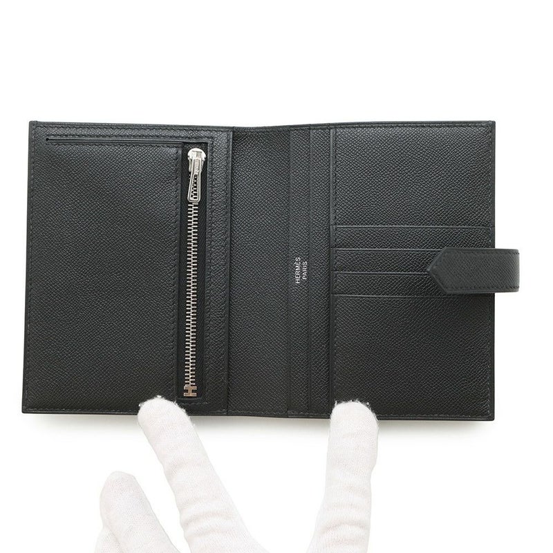 エルメス 二つ折り財布 ベアンコンパクト ブラック/シルバー金具 ヴォーマダム W刻印 黒