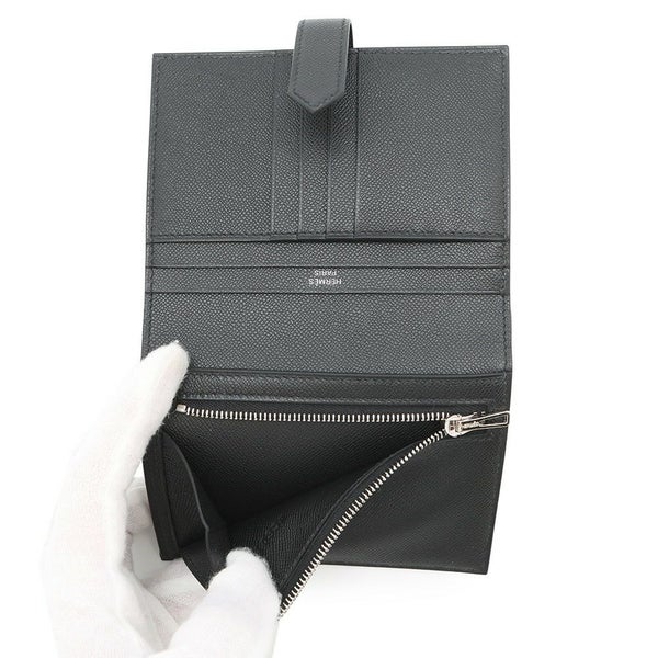 エルメス 二つ折り財布 ベアンコンパクト ブラック/シルバー金具 ヴォーマダム W刻印 黒