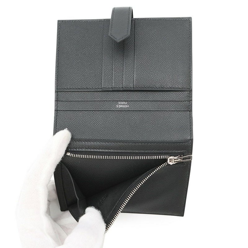 エルメス 二つ折り財布 ベアンコンパクト ブラック/シルバー金具 ヴォーマダム W刻印 黒