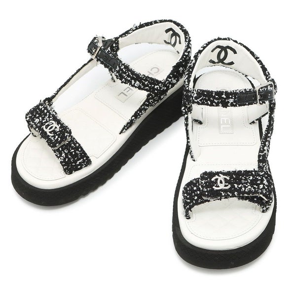 シャネル サンダル ココマーク マトラッセ ツイード レザー レディースサイズ38C G38880 CHANEL 靴 黒 白