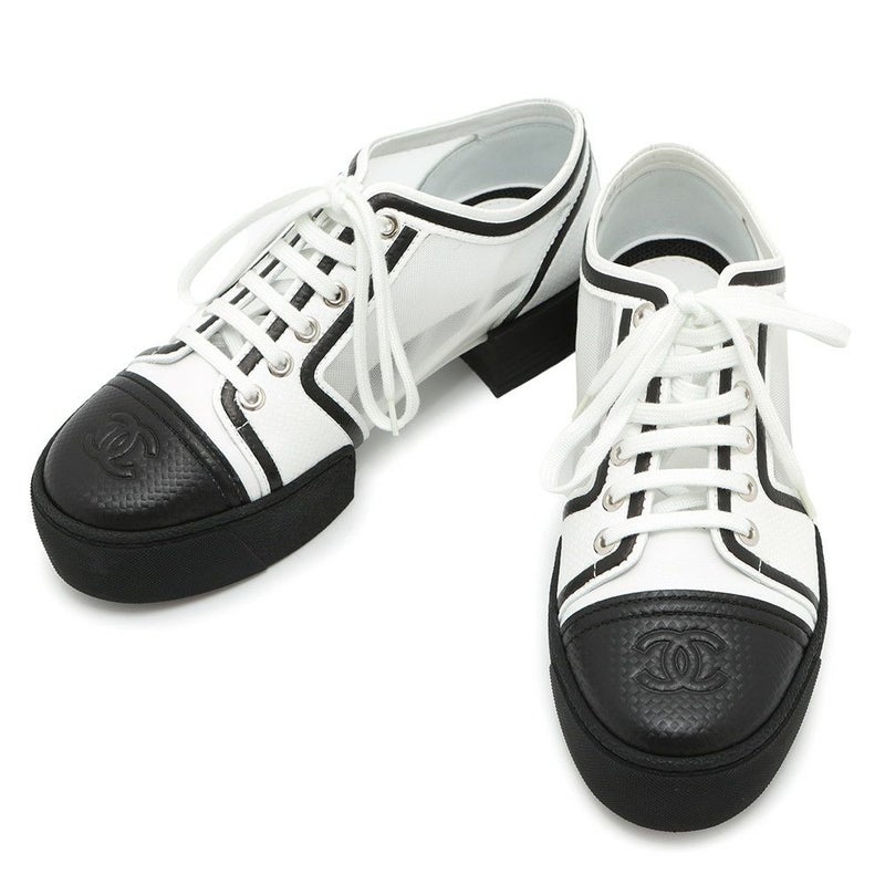 シャネル スニーカー ココマーク メッシュ ファブリック レザー レディースサイズ37C CHANEL 靴 シューズ 白 黒