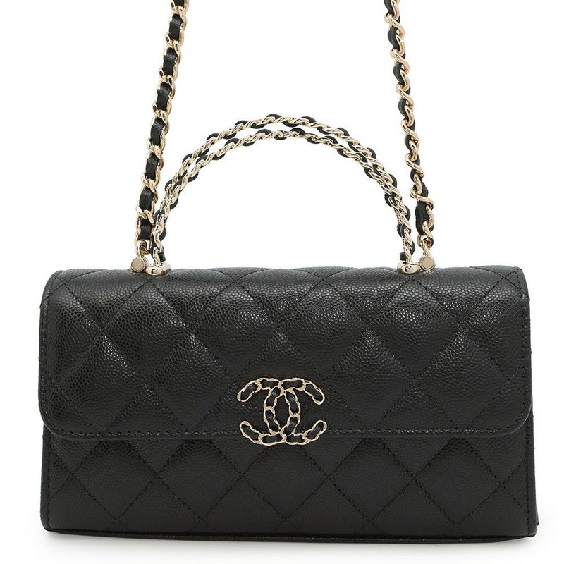 シャネル チェーンショルダーバッグ トップハンドル フォンケース マトラッセ ココマーク キャビアスキン AP3238 CHANEL 黒