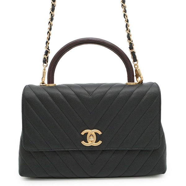 シャネル ハンドバッグ シェブロン ココマーク ハンドル フラップ キャビアスキン リザード A92991 2way 黒 Vステッチ