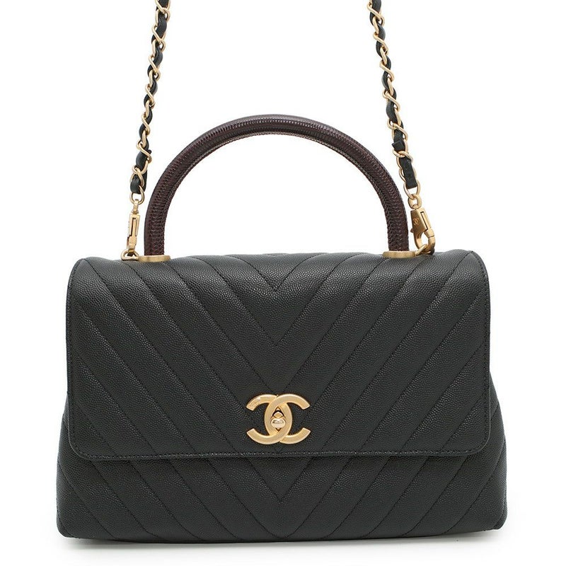 シャネル ハンドバッグ シェブロン ココマーク ハンドル フラップ キャビアスキン リザード A92991 2way 黒 Vステッチ