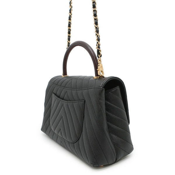 シャネル ハンドバッグ シェブロン ココマーク ハンドル フラップ キャビアスキン リザード A92991 2way 黒 Vステッチ