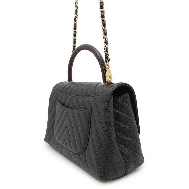 シャネル ハンドバッグ シェブロン ココマーク ハンドル フラップ キャビアスキン リザード A92991 2way 黒 Vステッチ