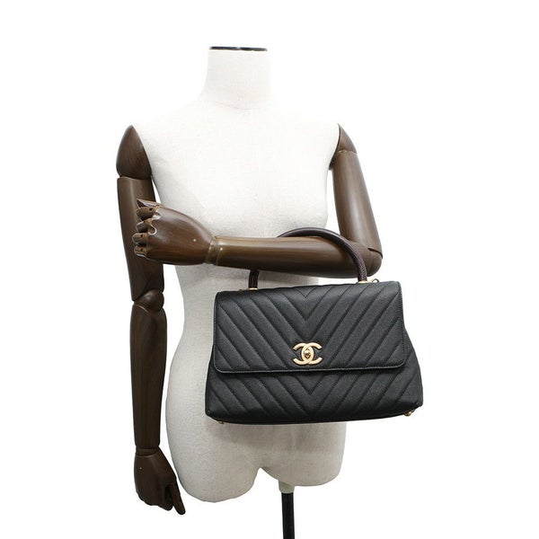 シャネル ハンドバッグ シェブロン ココマーク ハンドル フラップ キャビアスキン リザード A92991 2way 黒 Vステッチ