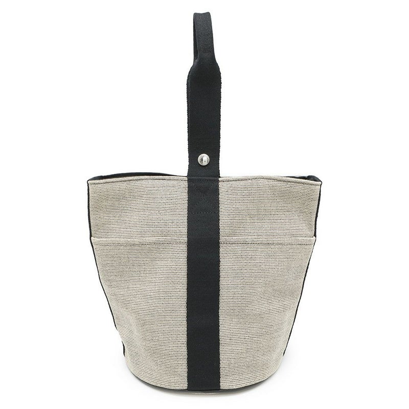 エルメス ハンドバッグ サクソー MM ベージュ/ブラック/シルバー金具 トワルアッシュ/キャンバス