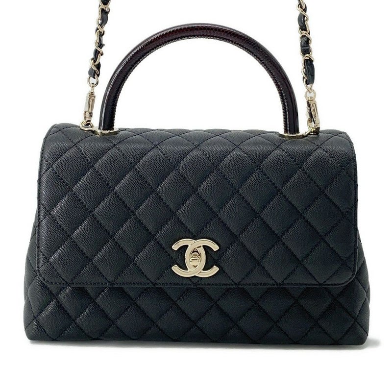 シャネル ハンドバッグ マトラッセ ココマーク ハンドル フラップ キャビアスキン リザード A92991 2way 黒