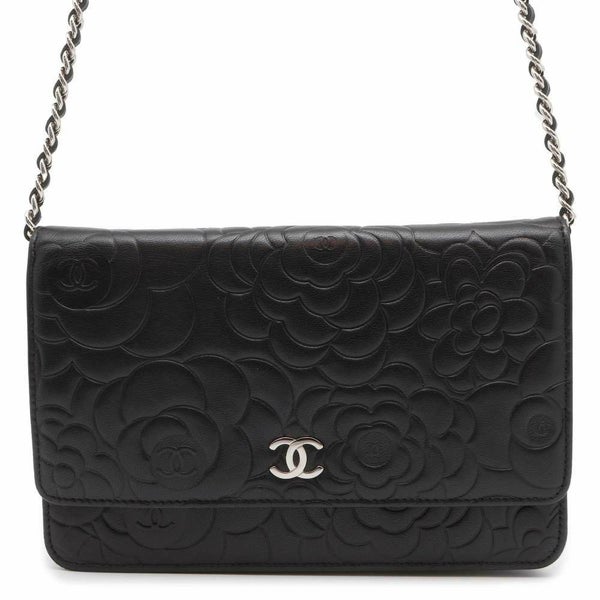 シャネル チェーンウォレット ココマーク カメリア ラムスキン A47421 CHANEL 財布 チェーンバッグ 黒