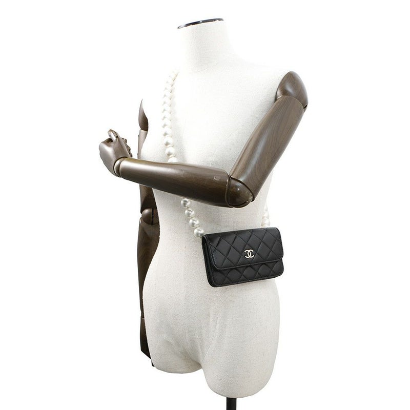 シャネル パールチェーンショルダーウォレット マトラッセ ココマーク ラムスキン AP1839 CHANEL 黒