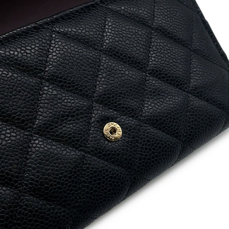 シャネル 長財布 クラシック ロング フラップ ウォレット マトラッセ ココマーク キャビアスキン CHANEL 三つ折り財布 黒