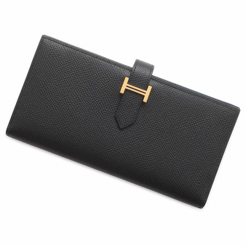 エルメス 長財布 ベアンスフレ ヴェルソ マチ有り ブラック/ブルーネイビー/ゴールド金具 ヴォーエプソン W刻印 黒