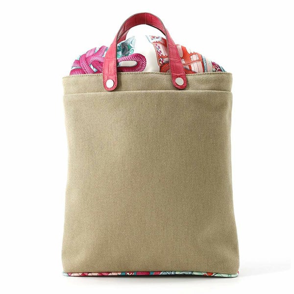 エルメス トートバッグ プティアッシュ ベージュ/ピンク/シルバー金具 トワルアッシュ/クロコ/シルク