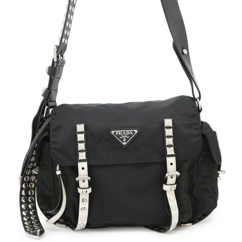 プラダ ショルダーバッグ スタッズ ナイロン レザー 1BD118 PRADA 斜め掛け 黒