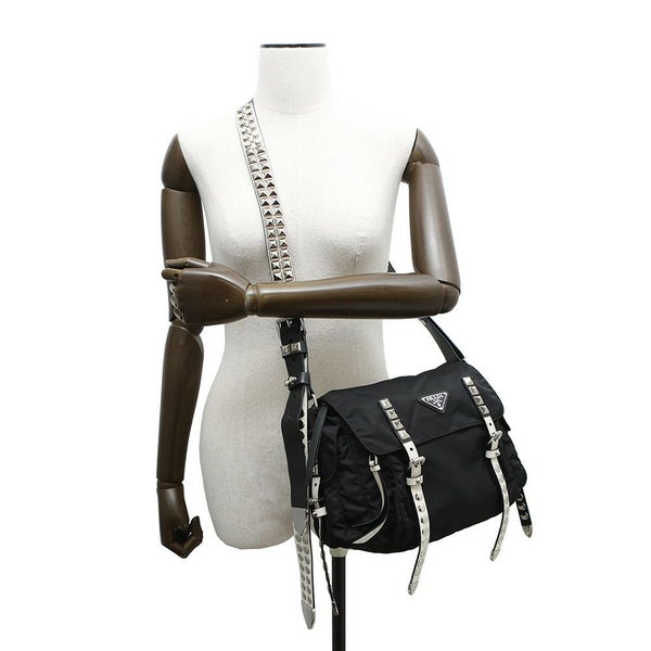 プラダ ショルダーバッグ スタッズ ナイロン レザー 1BD118 PRADA 斜め掛け 黒