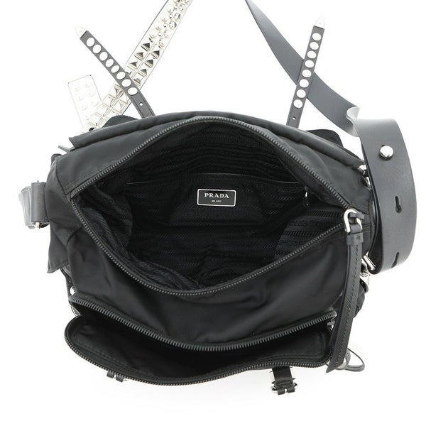 プラダ ショルダーバッグ スタッズ ナイロン レザー 1BD118 PRADA 斜め掛け 黒