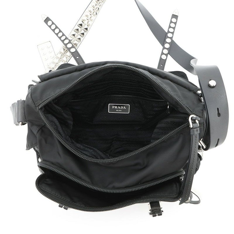 プラダ ショルダーバッグ スタッズ ナイロン レザー 1BD118 PRADA 斜め掛け 黒