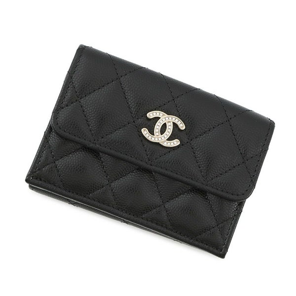 シャネル 三つ折り財布 マトラッセ ココマーク スモール フラップ キャビアスキン/ラインストーン AP3518 CHANEL 黒